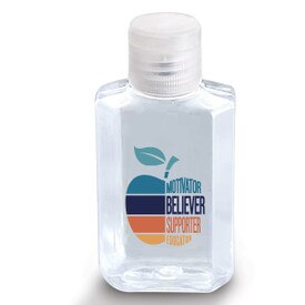 2 oz. antibacterial hand sanitizer gel featuring the inspirational message “Motivator. Believer. Supporter. Educator.”