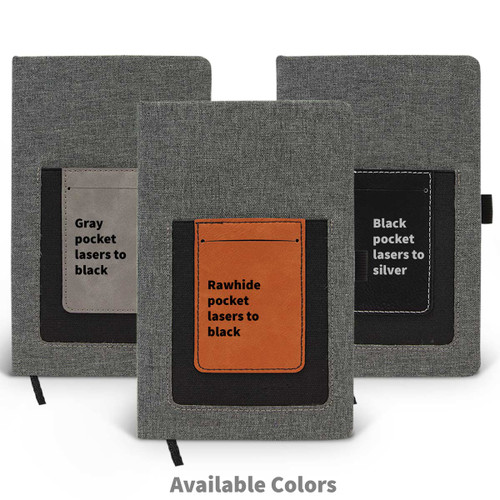 canvas journals with gray, brown, and black pockets