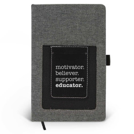 Canvas journal with phone pocket and card holder featuring the inspirational message Motivator Believer Supporter Educator.