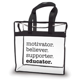 clear plastic bag with black trim and handle featuring motivator message