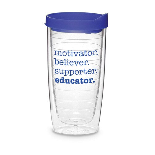 Double-wall acrylic tumbler with blue snap on lid and slide closure. Featured message Motivator. Believer. Supporter. Educator. 