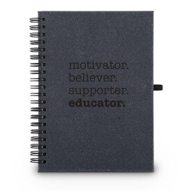 Hardbound spiral journal. Sticky notes, flags inside. Cover reads: Motivator. Believer. Supporter. Educator.