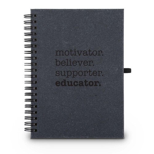 Hardbound spiral journal. Sticky notes, flags inside. Cover reads: Motivator. Believer. Supporter. Educator.