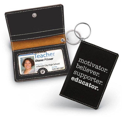 black leather id holder with motivator message