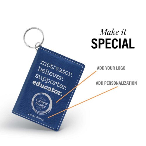 blue leather id holder with motivator message and add you logo