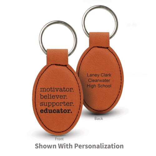 rawhide oval leather keychain with motivator message and personalization