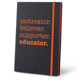Matte Black Hardbound Journal Featuring Motivator Believer Supporter Educator message.