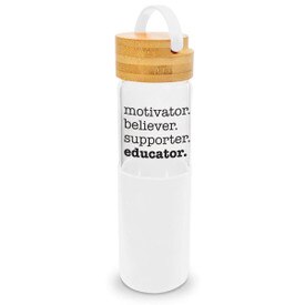20 oz. water bottle w/ white silicone sleeve, bamboo lid and carrying handle. Featured message: motivator believer supporter educator.