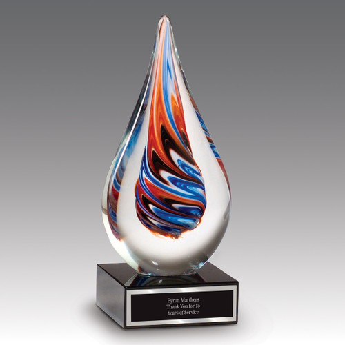 Multi-Color Teardrop Shaped Art Glass Award With Red, White, Blue, And Black Swirls On Black Crystal Base