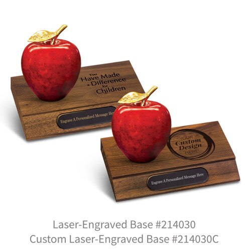 laser engraved walnut bases with black brass plates and natural stone apples