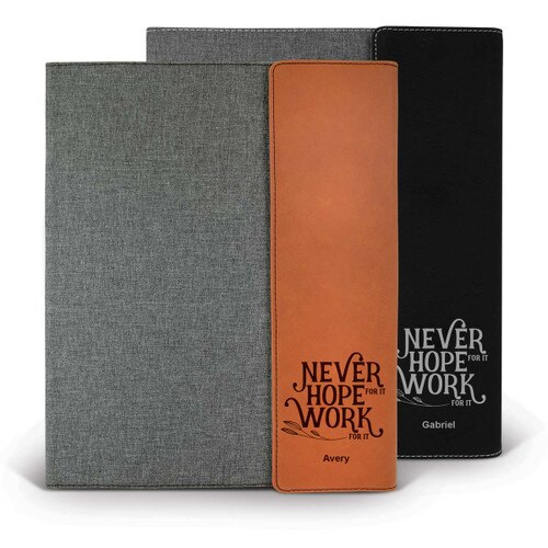 black accented heather gray padfolio with product detail features