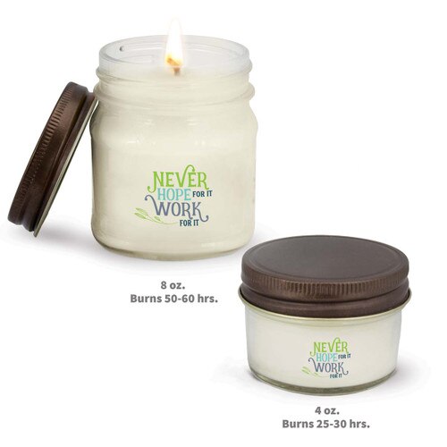 two white candle in glass jar with never hope for it message