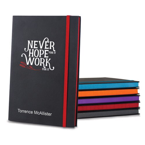 black matte journals in multiple accent colors with Never Hope For It message and personalization