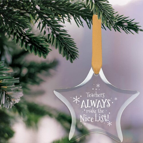 star shaped crystal ornament with teacher's always on nice list message and gold satin ribbon