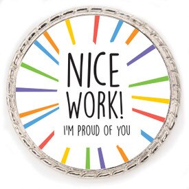Kudo Coin With “Nice Work! I’m Proud Of You” On The Front. Made Of Silver Metal Featuring Rope Design Around The Outside.