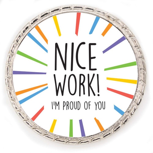 Kudo Coin With “Nice Work! I’m Proud Of You” On The Front. Made Of Silver Metal Featuring Rope Design Around The Outside.