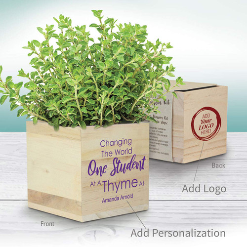 thyme in a wooden cube with one student message and add you logo