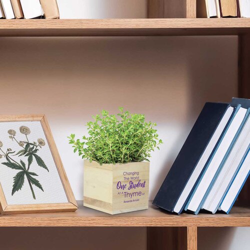 one student wooden cube sitting on a shelf
