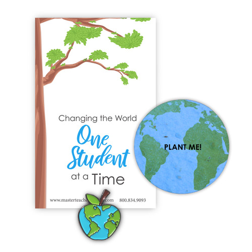 This Colorful Apple Lapel Pin And Seed Paper Shape That Grows Wildflowers Features The Inspirational Message “Changing the World One Student at a Time”