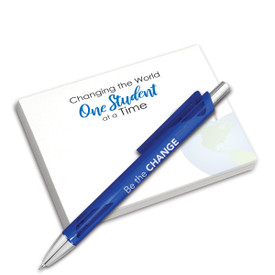 4x3 sticky notepad and pen combo. 100 sheets featuring the message changing the world one student at a time. Includes blue mechanical pen.