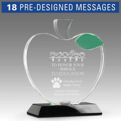 base award with optic crystal apple and green leaf with service to education message