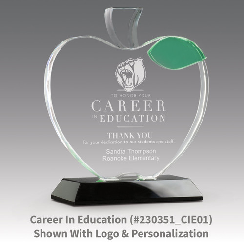 base award with optic crystal apple and green leaf with career in education message
