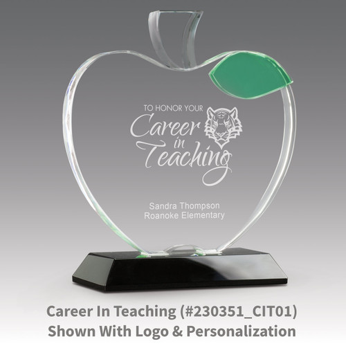 base award with optic crystal apple and green leaf with career in teaching message