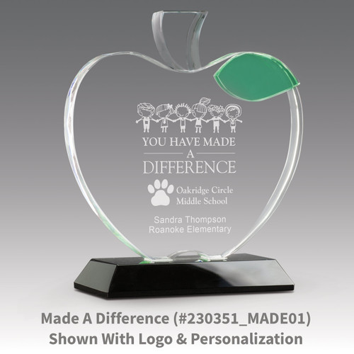 base award with optic crystal apple and green leaf with made of difference message