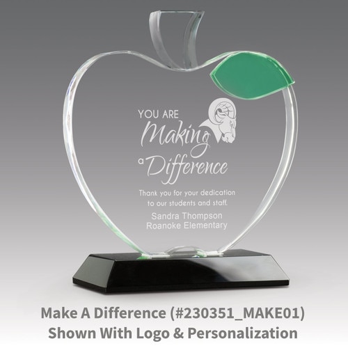 base award with optic crystal apple and green leaf with making a difference message