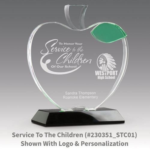 base award with optic crystal apple and green leaf with service to the children message