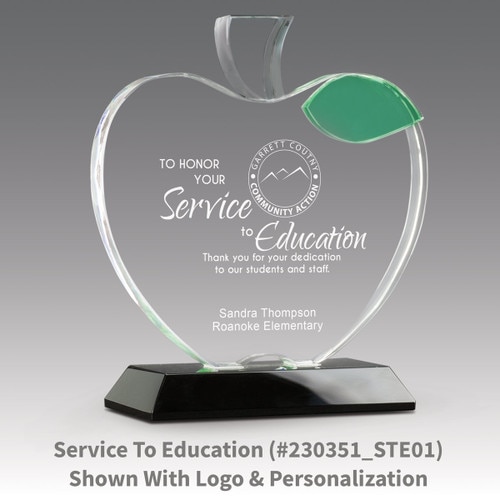 base award with optic crystal apple and green leaf with service to education message