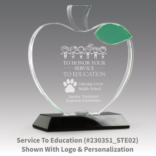 base award with optic crystal apple and green leaf with service to education message