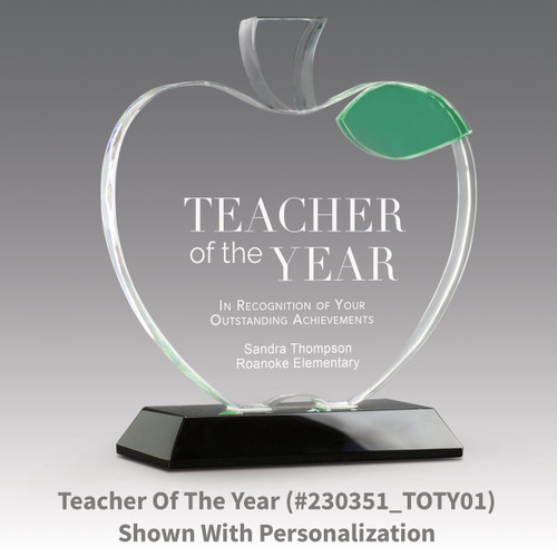 base award with optic crystal apple and green leaf with teacher of the year message
