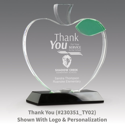 base award with optic crystal apple and green leaf with thank you message