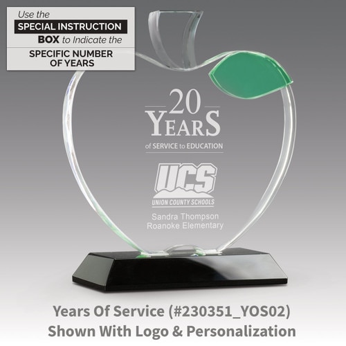 base award with optic crystal apple and green leaf with years of service message