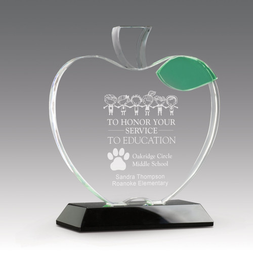 base award with optic crystal apple and green leaf with service to education message