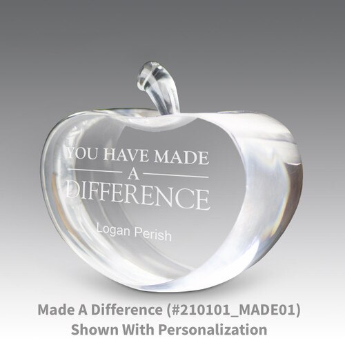 center cut optic crystal apple with you have made a difference message and personalization