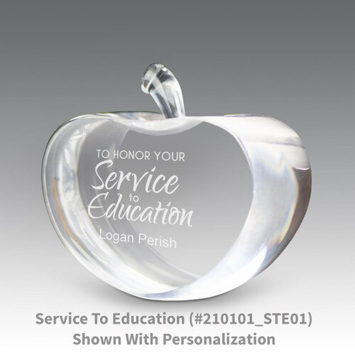 center cut optic crystal apple with service to education message with personalization