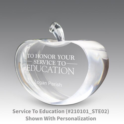 center cut optic crystal apple with service to education message with personalization