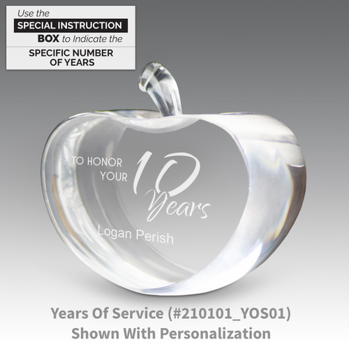 center cut optic crystal apple with years of service message with personalization