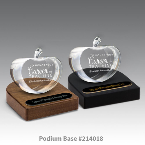 black and brown walnut podium bases with black brass plates and center cut optic crystal apples with career in teaching message