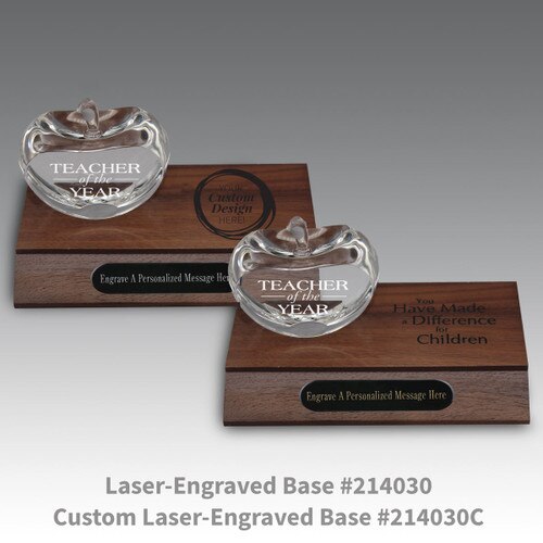 laser engraved walnut bases with black brass plates and center cut optic crystal apples with teacher of the year message