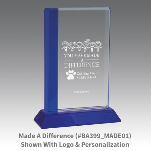 optic crystal base award with a blue edge and made a difference message