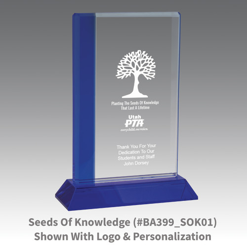 optic crystal base award with a blue edge and seeds of knowledge message