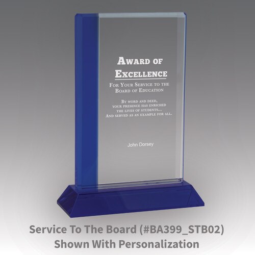 optic crystal base award with a blue edge and award of excellence message