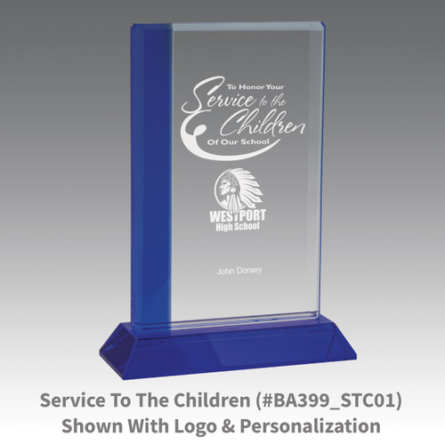optic crystal base award with a blue edge and service to the children message
