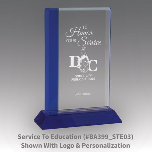 optic crystal base award with a blue edge and to honor your service message