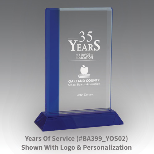 optic crystal base award with a blue edge and years of service message