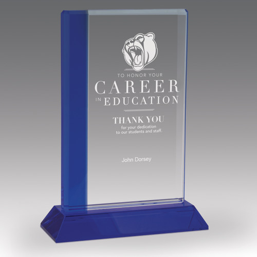 optic crystal base award with a blue edge and career in education message