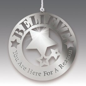 stainless steel ornament with believe message and silver cord